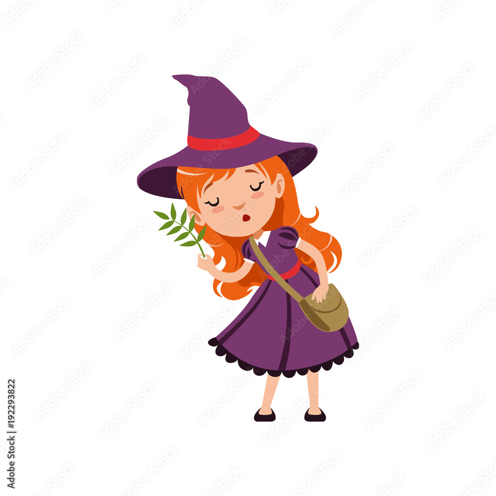 Cute small red-haired girl witch in purple dress, hat, with cross body bag. Smiling kid character in costume studying herbs. Vector flat cartoon illustration on white Cute small red-haired girl witch in purple dress, hat, with cross body bag. Smiling kid character in costume studying herbs. Vector flat cartoon illustration on white