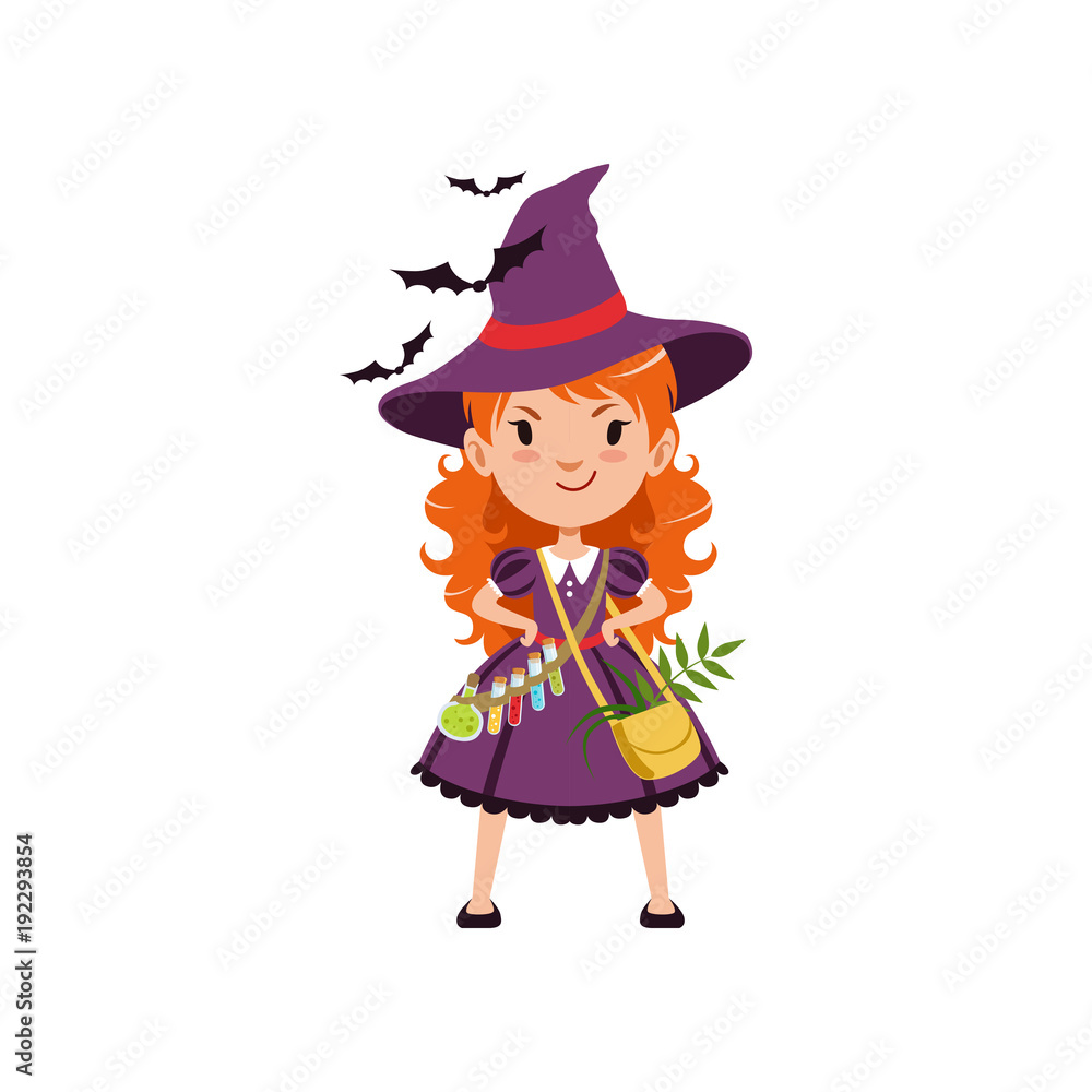 Young red-haired girl witch standing with arms akimbo. Kid character in costume, bag with herbs and belt with potions, purple dress and hat. Flat cartoon vector on white.