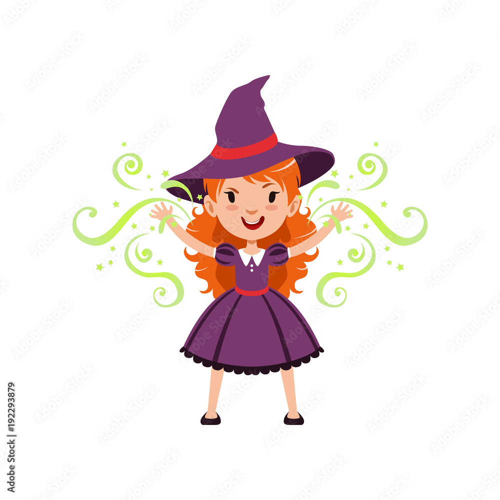 Red-haired girl witch wearing purple dress and hat. Kid character in costume surrounded with black silhouettes of skulls. Trick or Treat concept. Vector flat cartoon illustration.