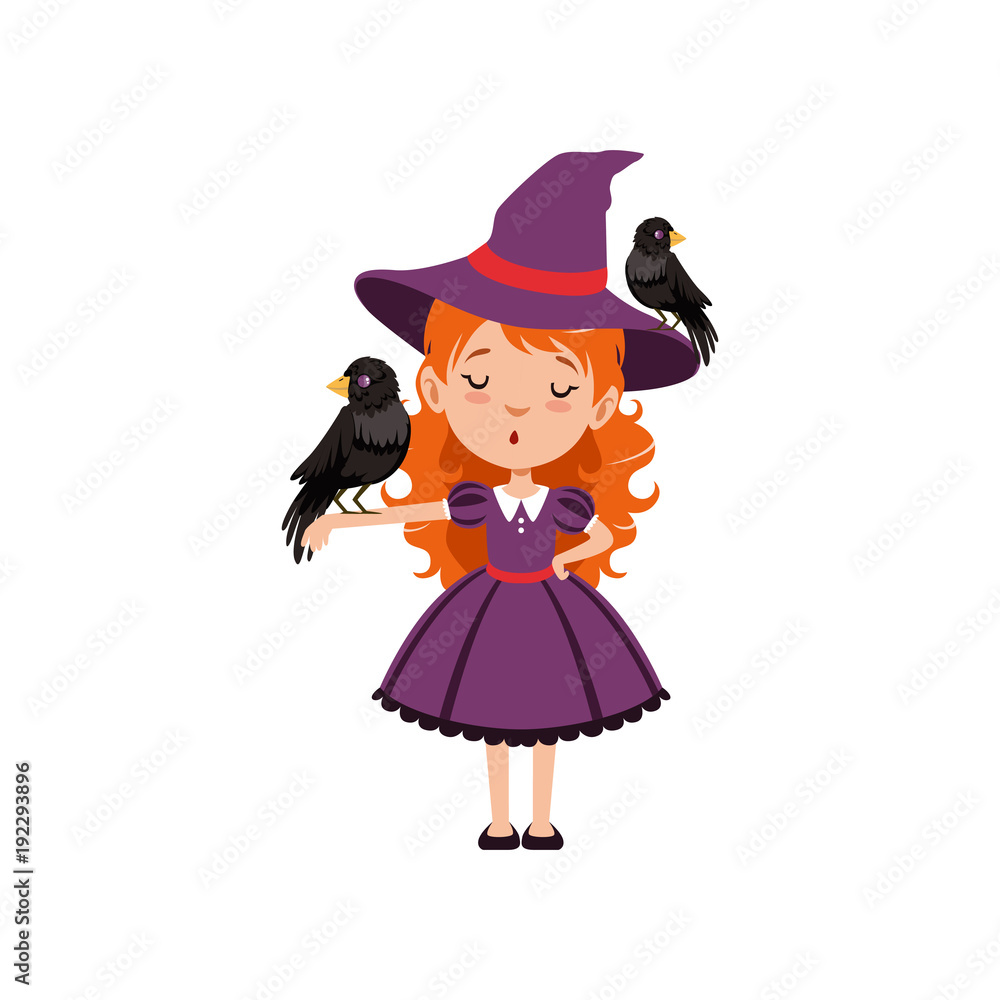 Little red-haired girl witch standing with one black bird on the hat and another on the hand. Kid character in purple dress, Halloween costume. Flat cartoon vector on white. Little red-haired girl witch standing with one black bird on the hat and another on the hand. Kid character in purple dress, Halloween costume. Flat cartoon vector on white.