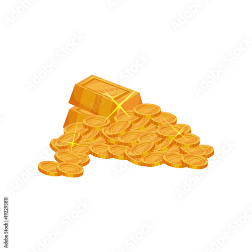 Pile of shiny golden coins and ingots. Pirate treasures. Money and finance symbol. Cartoon flat vector design for financial infographic or mobile game
