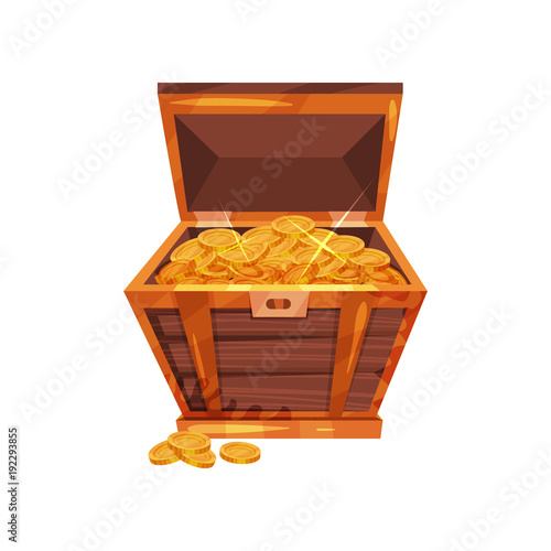 Open pirate chest full of golden coins. Shiny treasures in old wooden box. Symbol of wealth/riches. Cartoon flat vector design for gaming interface