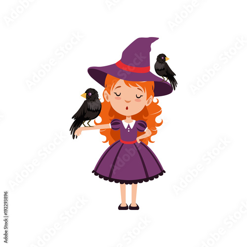 Little red-haired girl witch standing with one black bird on the hat and another on the hand. Kid character in purple dress, Halloween costume. Flat cartoon vector on white.