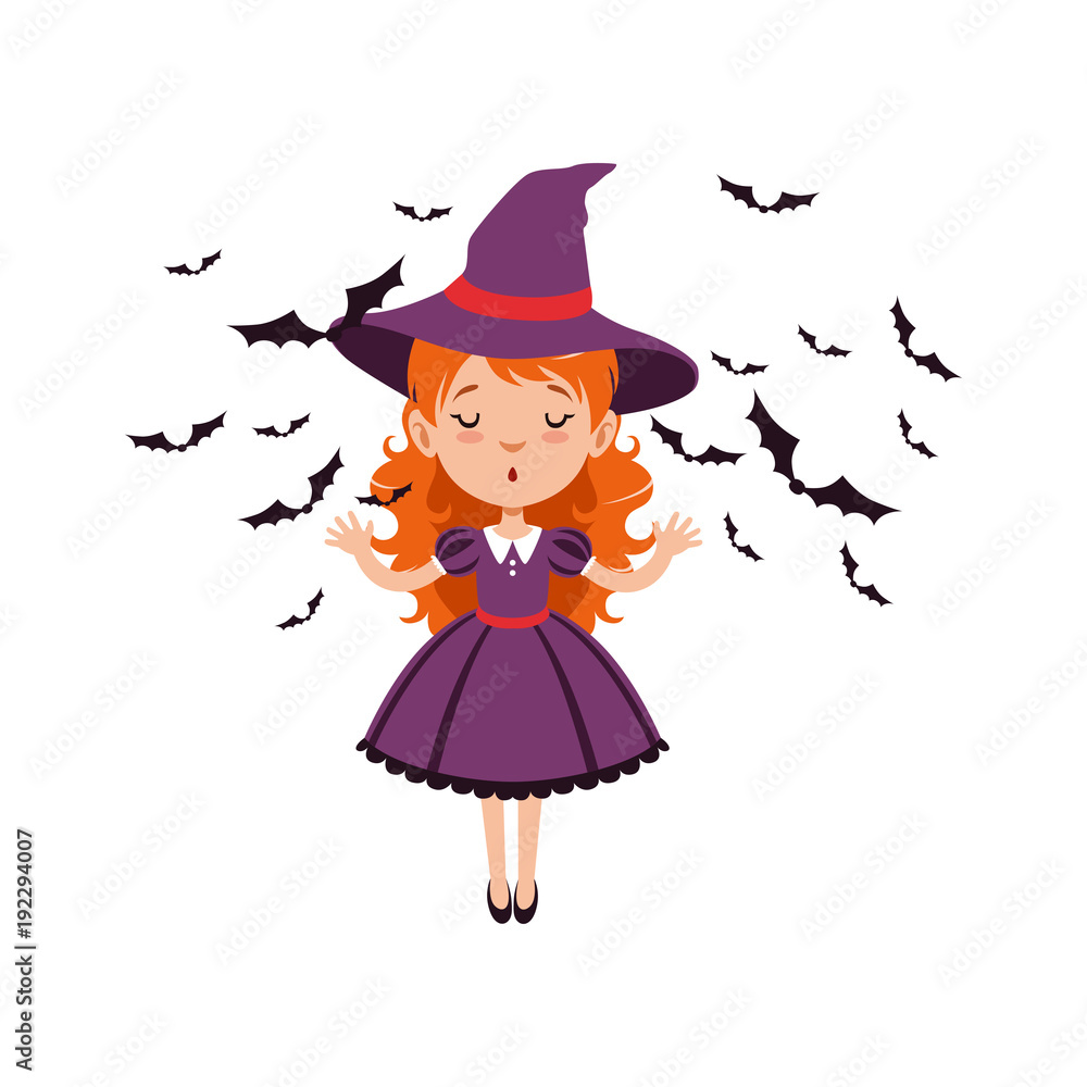 Young red-haired girl witch standing with hands up and wearing purple dress and hat. Kid character in Halloween costume surrounded with black bats. Flat cartoon vector