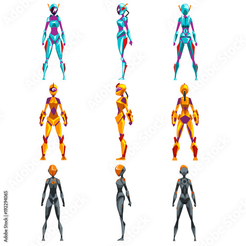 Robot costumes set, superhero woman vector Illustrations