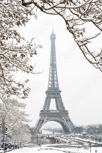 The Eiffel tower seen through snow-covered branches on a snowy day in Paris, France, with the top of the tower disappearing slightly in the mist.