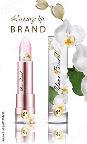 Lipstick cosmetics realistic Vector with flower decor. Product packaging mock up. Soft orchid fragrances