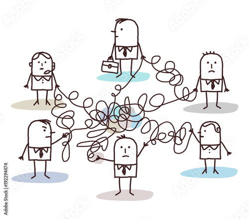 Cartoon Group of Business People Connected by Messy, Lines