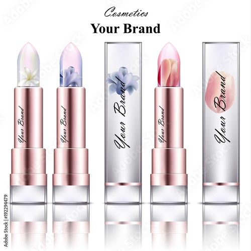 Lipstick cosmetics realistic Vector with flowers inside decor. Product packag...
