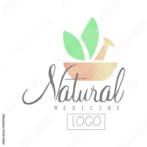 Creative watercolor logo with pestle, mortar and green leaves. Alternative medicine with use of herbal remedies. Natural treatment and health concept. Vector design