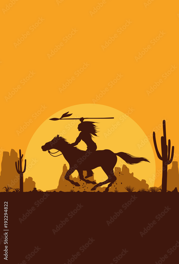 Silhouette of Native American Indian riding horseback with a spear ...