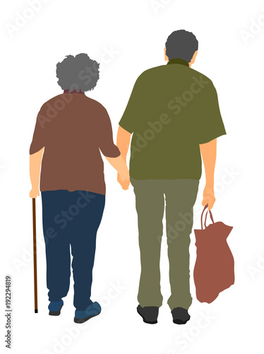 Happy elderly seniors couple together vector isolated on white . Old man person walking with stick. Mature old people active life. Grandfather and grandmother in love. Health care in nursing home.