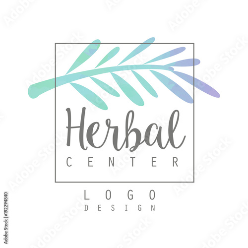 Original watercolor logo with branch of medicinal plant. Alternative medicine and wellness. Vector design element for herbal store or packaging of eco product