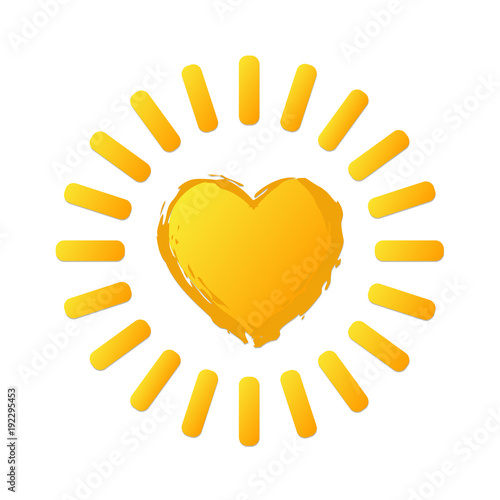 Yellow bright sun icon in heart shape on white. Stock vector illustration