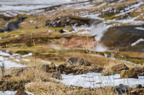 iceland nature, winter travel photo in snow, adventure, trip, hiking, mountains.