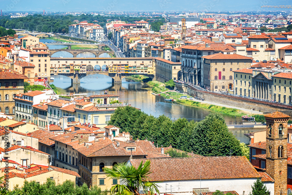 Aerial view of Florence with the Ponte Vecchio and the Arno river, Tuscany, Italy