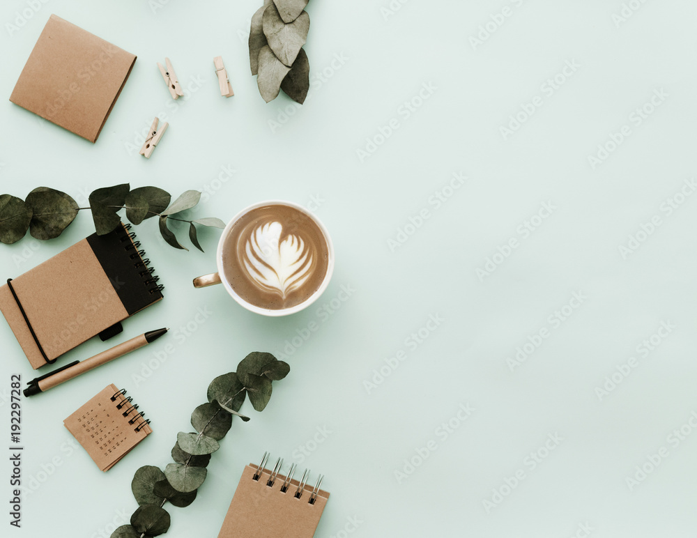 Simple Trendy Office Desk with Coffee and craft elements - obrazy, fototapety, plakaty 