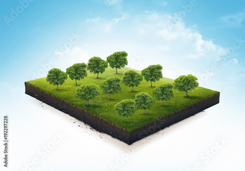 3d illustration of a soil slice, green garden with trees isolated on white