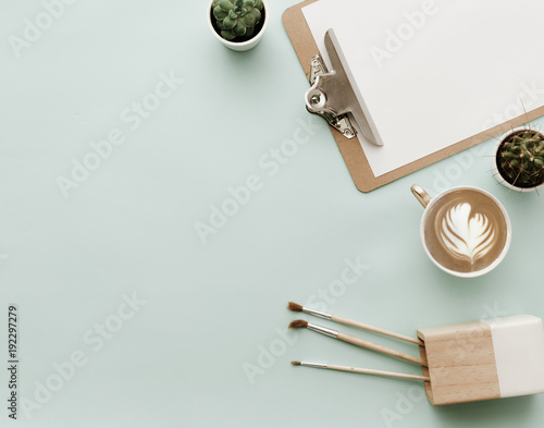 Obraz na plátně Blogger Pastel Background With Coffee Cup. Flat lay