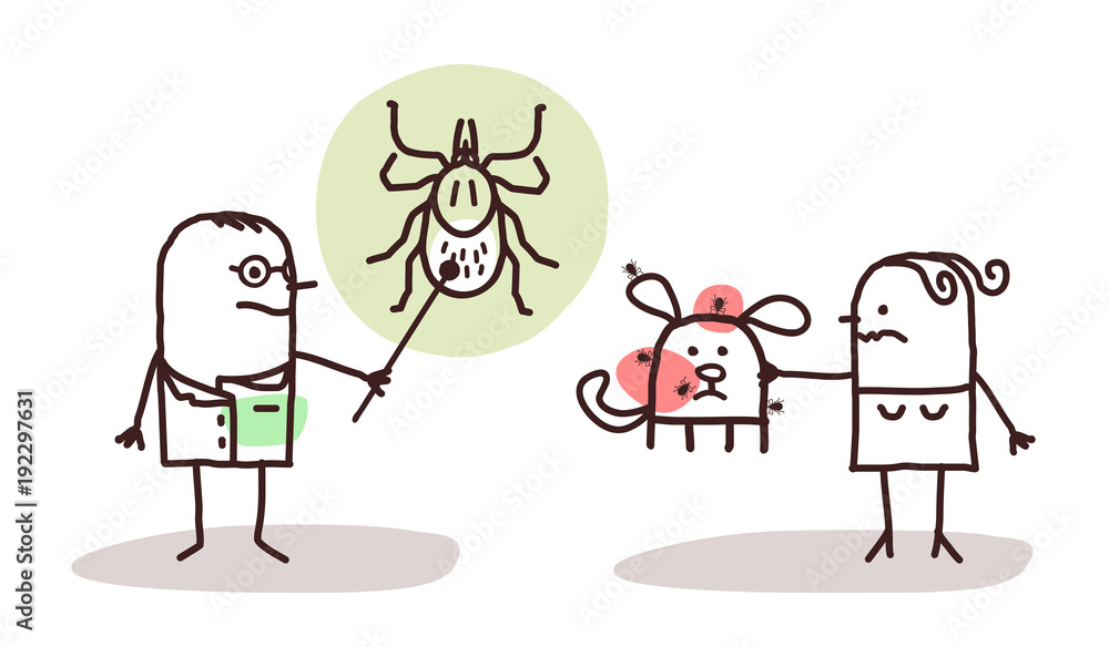 Cartoon Veterinarian with Woman and Dog Ticks Cartoon Veterinarian with Woman and Dog Ticks