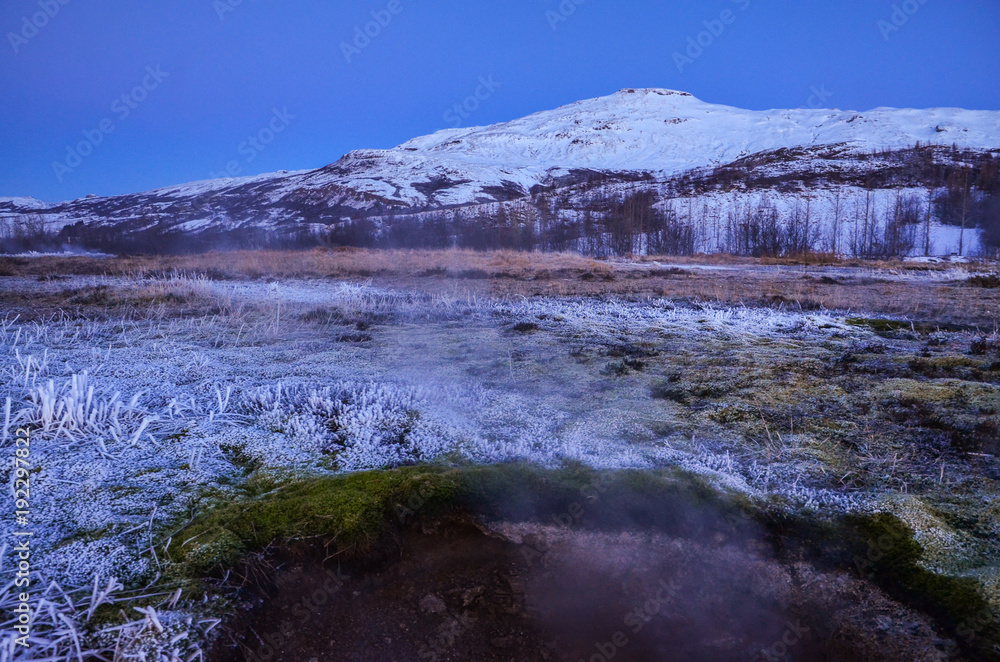 iceland nature, winter travel photo in snow, adventure, trip, hiking, mountains.