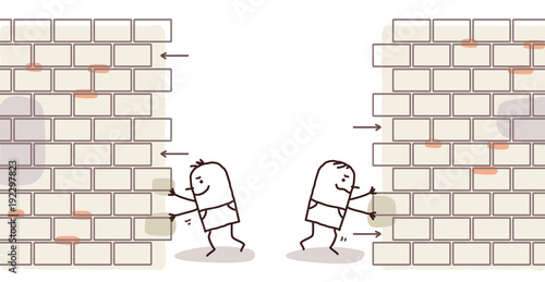 Cartoon Men Pushing and Opening a Wall