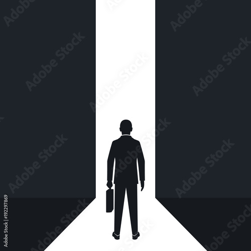 Entrance concept. Way forward silhouette businessman in suit stands in front of door in wall. Look into future. Business metaphor. Direction to achieve goal. Vector flat design. Isolated background.
