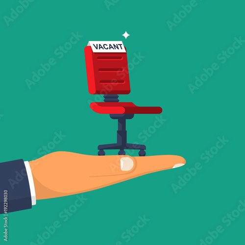 Vacant concept. Office empty chair hold in hand with sign as symbol of an recruiting to work. Hiring staff. Vector illustration flat design. Isolated on background. Career position.