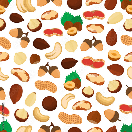 Vector seamless pattern of different nuts - cashew, almond, hazelnut, macadamia, acorn. Cartoon flat style