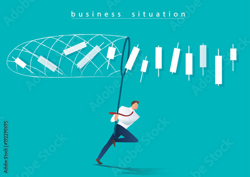 businessman trying to catch candlestick chart business concept