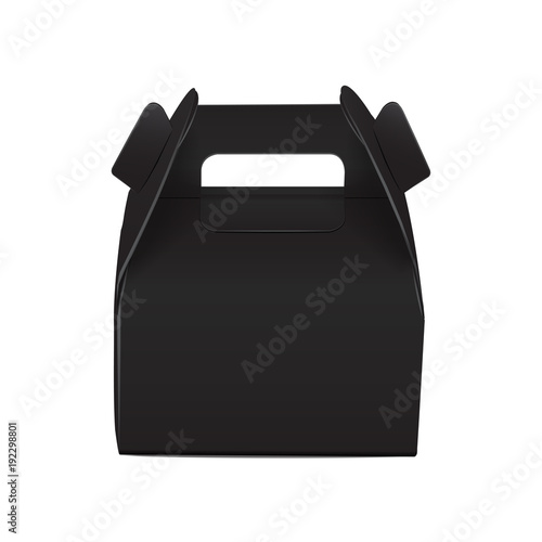 Realistic paper cake package, black box mock up, gift ontainer with handle. Take away food box vector template