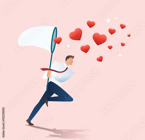 man holding a butterfly net trying to catch heart icons vector illustration
