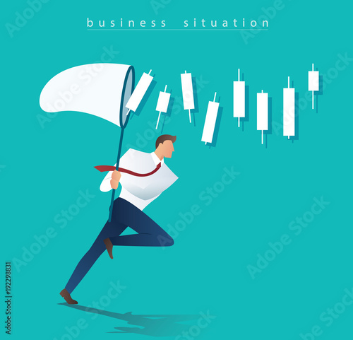 businessman trying to catch candlestick chart business concept