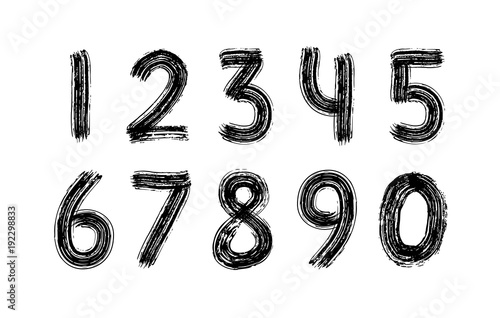 Digits set hand drawn with dry brush. Numbers. Rough strokes modern calligraphy text style. Vector. Black and white
