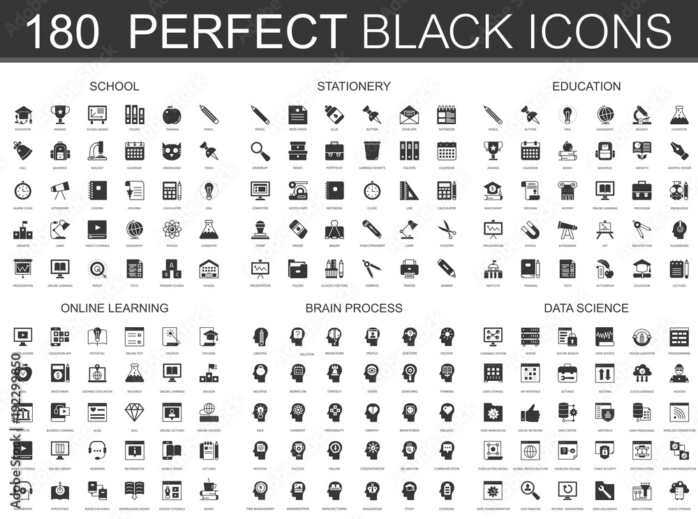 School, stationery, education, online learning, brain process, data science black classic icon set.
