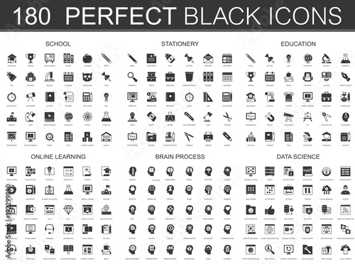 School, stationery, education, online learning, brain process, data science black classic icon set.