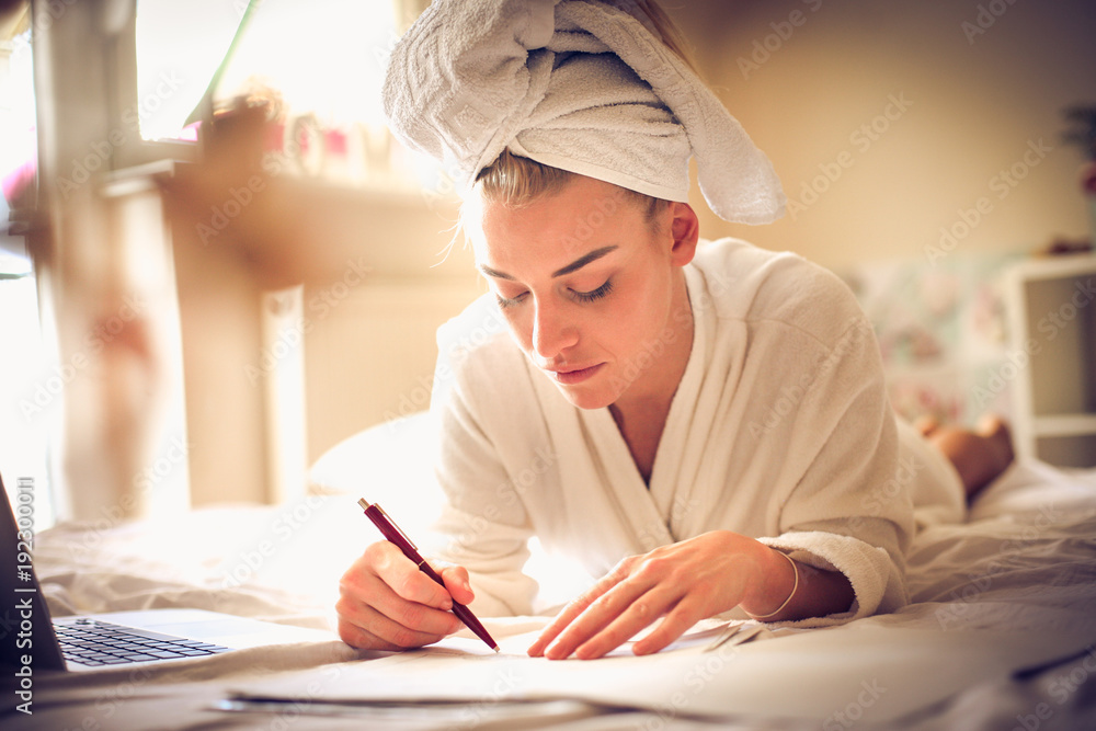 Businesswoman at morning working at home. Businesswoman at morning working at home.