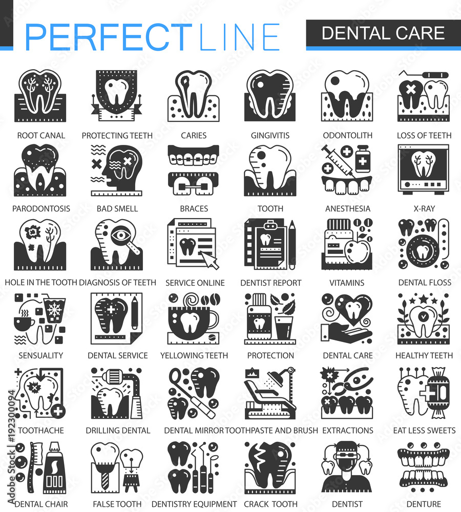 Vector Dental care black mini concept icons and infographic symbols set