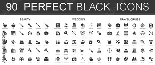 Beauty, wedding, travel vacation cruise black classic icon set.