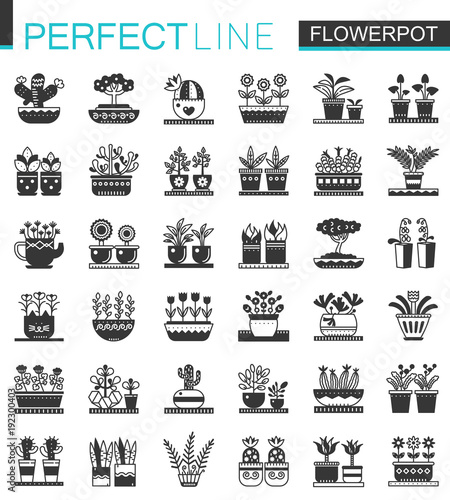 Vector Flowerpots classic black concept icons set