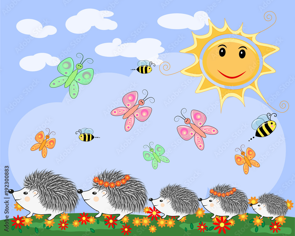 A family of five cute cartoon hedgehogs on a spring, summer day A family of five cute cartoon hedgehogs on a spring, summer day