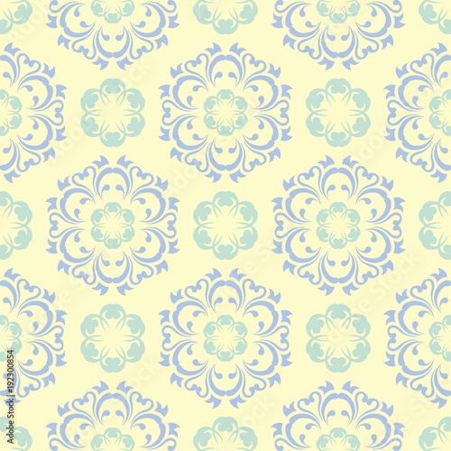 Floral seamless pattern. Beige background with light blue and green flower elements