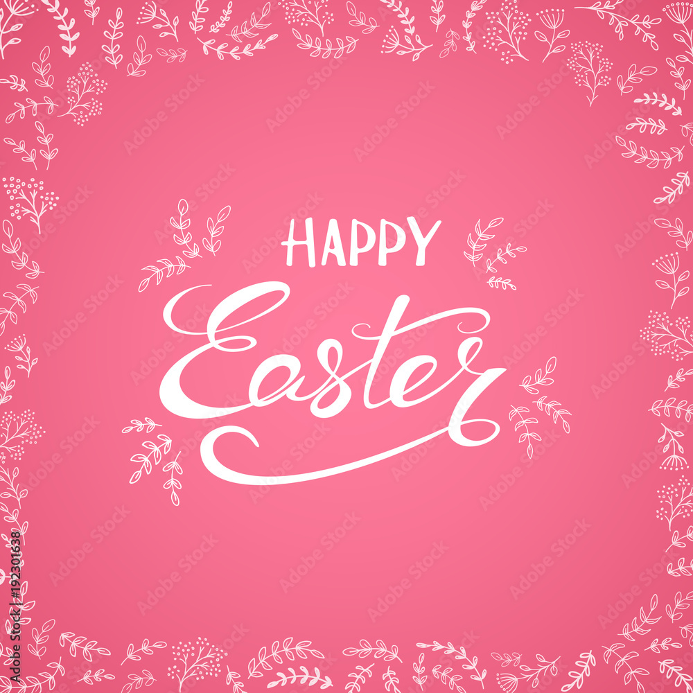 Happy Easter on pink background with decorative floral elements