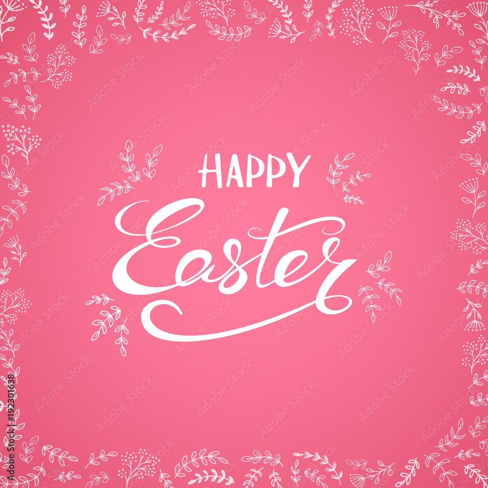 Happy Easter on pink background with decorative floral elements Happy Easter on pink background with decorative floral elements
