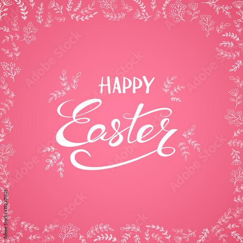 Happy Easter on pink background with decorative floral elements