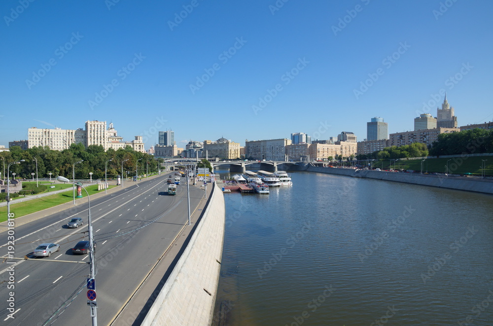 Moscow, Russia - August 31, 2017: View of Berezhkovskaya and Rostovskaya embankments of the Moskva-river
