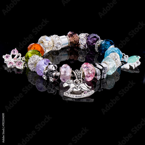 jewelry, bracelet, female, glass, crystal, elements, black, background, beautiful, elegant, multicolored, handwork, chain, reflection,