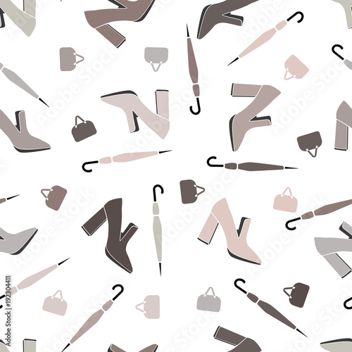 Seamless vector pattern with gray, beige and brown shoes, umbrellas and bags on white background.
