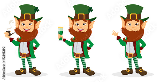 Set of smiling cartoon character leprechaun