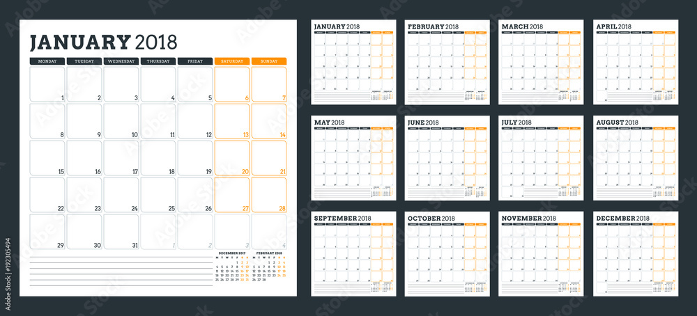 Calendar planner for 2018 year. Week starts on Monday. Vector design print template Calendar planner for 2018 year. Week starts on Monday. Vector design print template